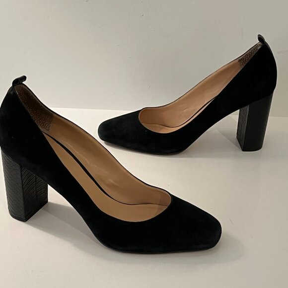 Franco Sarto Ingall Snake Embossed Block Heels Suede Black Pumps Women's 12M - Picture 1 of 13